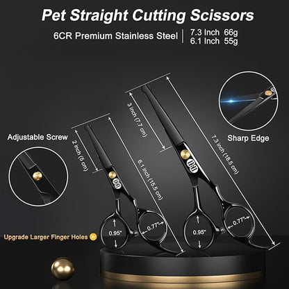 CIICII Dog Grooming Scissors Kit, 10-In-1 Professional Pet Grooming Scissors Set with Safety Round Tip (Dogs/Cat Hair Cutting Trimming Thinning Shears with Curved Scissors) for DIY Home Salon (Black)