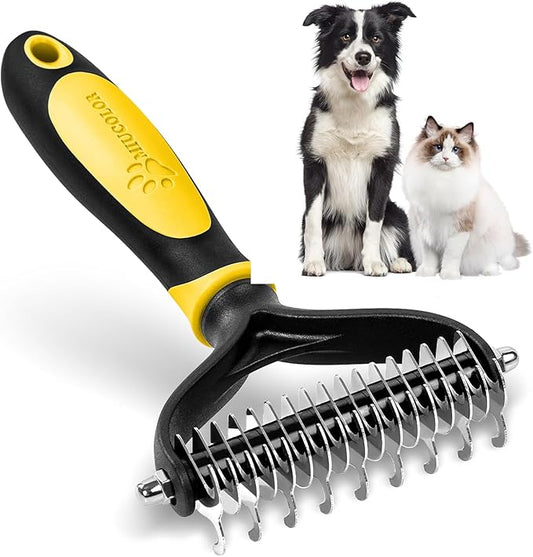 MIU COLOR Pet Grooming Brush, 2 Sided Undercoat Rake for Dogs & Cats, Professional Deshedding Brush and Dematting Tool, Effective Removing Knots, Mats, Tangles for Cats, Dogs, Extra Wide (Yellow)