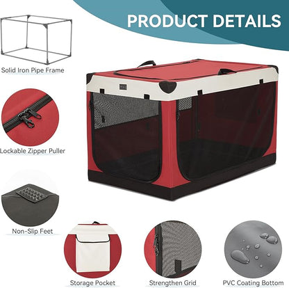 PETSFIT Collapsible Dog Crate, with Patented Adjustable Fabric Cover, Chewproof & Lockable Mesh Doors, Waterproof Base Portable Kennel Red 40 Inch