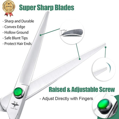 PURPLEBIRD 7 Inch Straight Dog Grooming Scissors Professional Pet Cutting Shears Safety Noiseless Blunt Tip Trimming Shearing for Dogs Cats Japanese Stainless Steel Silver