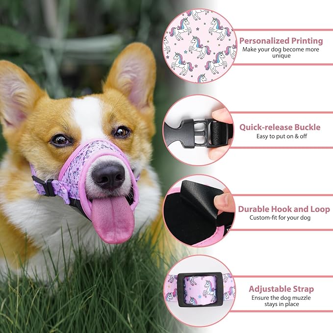 LUCKYPAW Dog Muzzle, Soft Dog Muzzles for Small Medium Large Dogs, Breathable Muzzles to Stop Biting and Chewing with Pattern, Allows Panting and Drinking (L-(Snout 7"-9½"), Pink Unicone)