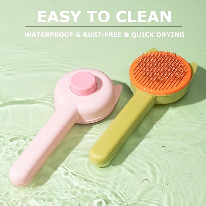 Pet Grooming Brush Kit for Cat and Dog, Hair Massage Cleaner with Release Button, 2 Flea Combs for Shedding Removing Tangles Loose Fur Self Cleaning Accessories (4 Pieces Set)