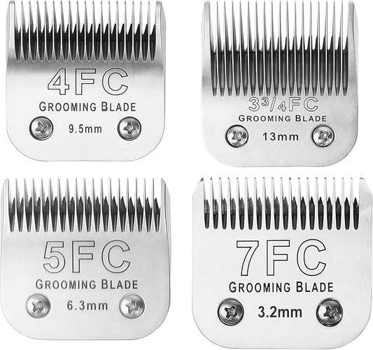 4FC+5FC+7FC+3-3/4FC Detachable Dog Grooming Blades, Compatible with Andis, Oster A5, Wahl KM10 Series Clippers, Cut Length 3.2mm-13mm, Silver