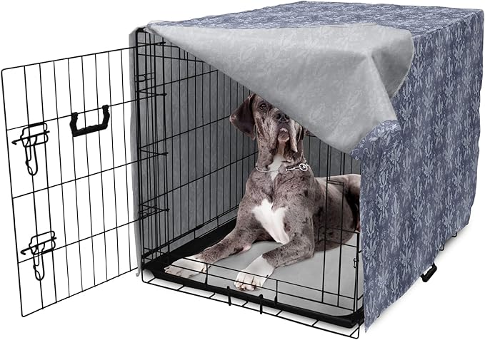Lunarable Damask Dog Crate Cover, Medieval Repetitive Pattern with Flourish Ornaments, Easy to Use Pet Kennel Cover for Medium Large Dogs, 48 Inch, Purpleblue Ceil Blue