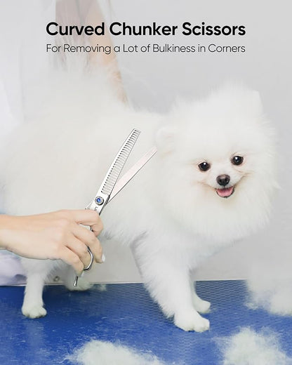 ULG 7.5” Curved Chunker Scissors for Dog Grooming 55%-60% Thinning Rate 30 Teeth Professional Downward Chunker Shears 440C Japanese Stainless Steel Tension Adjustable Left & Right Handed