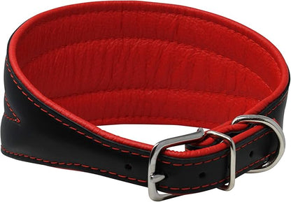 Real Leather Extra Wide Padded Tapered Dog Collar Glossy Black Greyhound Saluki Deerhound Lurcher Whippet Dachshund (13.25"-15.25" Neck; 2.5" Wide, Red)
