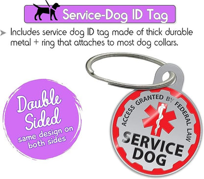 Service Dog Vest + ID Tag + 50 ADA Information Cards - Service Dog Harness w Patch in Sizes X Small to XX Large, Metal Dog Tag has Durable Clip, Service Animal Information Cards. ESA Accessory Set