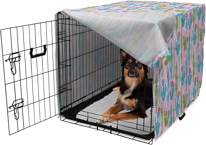 Lunarable Succulent Dog Crate Cover, Pastel Cactus Plants Flowering Desert Botany Foliage in, Easy to Use Pet Kennel Cover for Medium Large Dogs, 36 Inch, Pale Pink Sky Blue Green