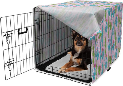 Lunarable Succulent Dog Crate Cover, Pastel Cactus Plants Flowering Desert Botany Foliage in, Easy to Use Pet Kennel Cover for Medium Large Dogs, 36 Inch, Pale Pink Sky Blue Green