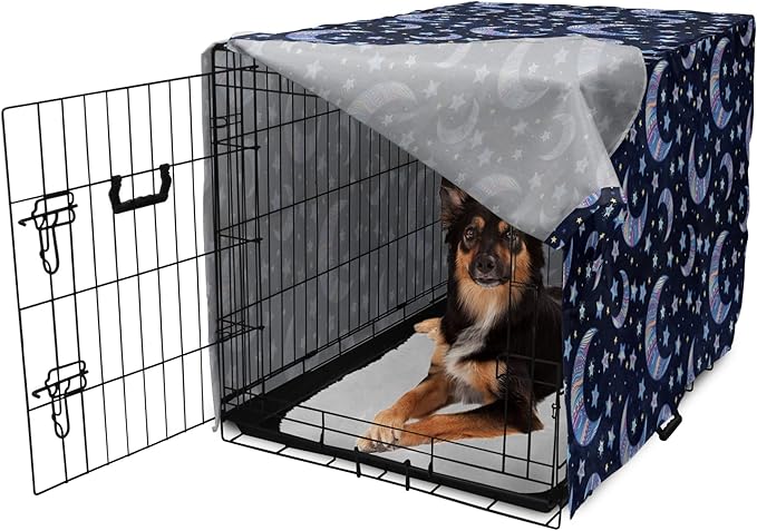 Lunarable Bohemian Stars Dog Crate Cover, Crescent Moon and Night Sky Elements Motif Curvy Background, Easy to Use Pet Kennel Cover for Medium Large Dogs, 36 Inch, Pink Blue