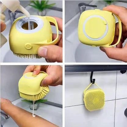 Pet Dog Bath Brush Soft Silicone Dog Shampoo Brush, Fur Grooming Cleaning Brush Shampoo Dispenser (Yellow)