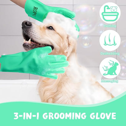 ROPO silicone gloves for pet grooming, multi-functional gloves for pet hair shedding, bathing, and massage (Green)