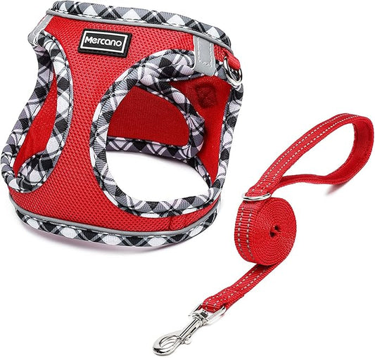 Mercano Soft Mesh Dog Harness and Leash Set, No-Chock Step-in Reflective Breathable Lightweight Easy Walk Escape Proof Vest Harnesses with Safety Buckle for Small Medium Dogs, Cats (Red, XS)
