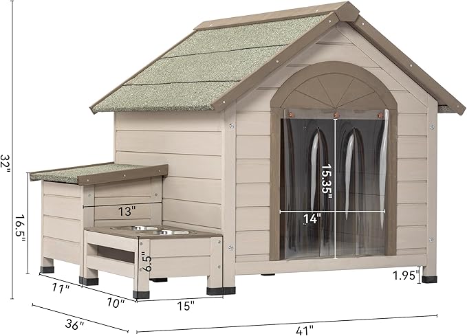 Outdoor Fir Wood Dog House,Elevated Feeding Table Dog Crate with 2 Bowls,Open Room Door Top Dog Kennel with Storage Box and Plastic Door Curtain,Rain and Wind Proof Cage,for Doggy,Pets,Cream