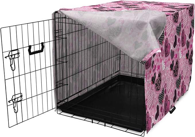 Lunarable Hearts Dog Crate Cover, Sewing Themed Love with Polka Dots Valentine's Day Inspired Image, Easy to Use Pet Kennel Cover for Medium Large Dogs, 48 Inch, Pink Black White