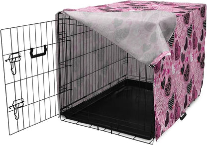 Lunarable Hearts Dog Crate Cover, Sewing Themed Love with Polka Dots Valentine's Day Inspired Image, Easy to Use Pet Kennel Cover for Medium Large Dogs, 48 Inch, Pink Black White