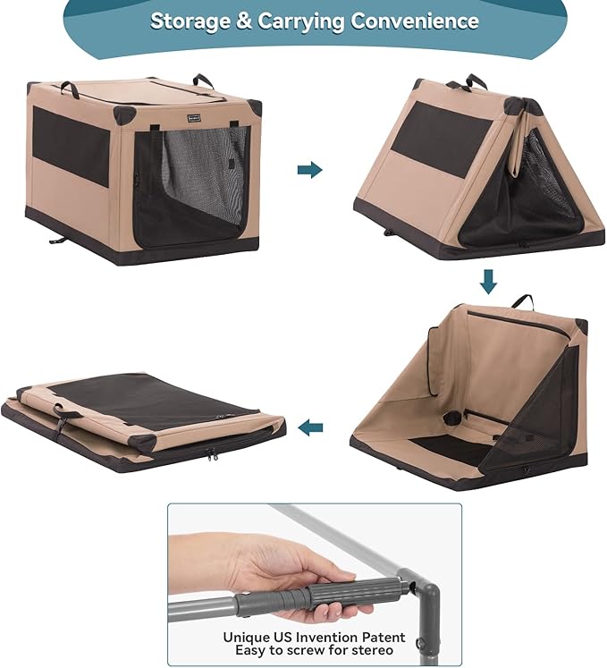 PETSFIT Portable Dog Crate, with Patented Adjustable Fabric Cover, Chewproof & Lockable Mesh Doors, Waterproof Base Collapsible Kennel Khaki 30 Inch