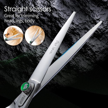 Professional Dog Grooming Scissors Kit Japan 440C Stainless Steel 7.0 in Curved Thinning Straight Chunker Shears and Comb 5pcs Set for Grooming Dogs Cat Pet