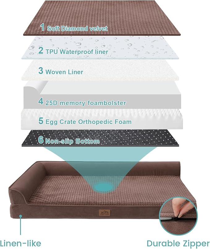Orthopedic Dog Bed for Large Dogs,Washable Dog Sofa Beds Large, Supportive Foam Pet Couch Bed with Removable Washable Cover, Waterproof Lining and Nonskid Bottom, Brown (L,42" L x 30" W x 7.5" Th)