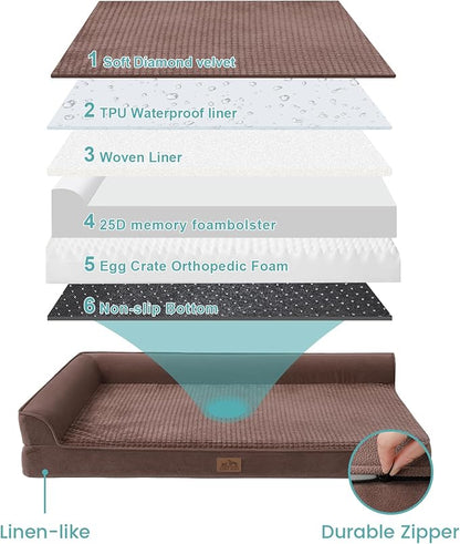 Orthopedic Dog Bed for Small Dogs,Waterproof Dog Sofa Beds with Sides, Supportive Foam Pet Couch Bed with Removable Washable Cover,Waterproof Lining and Nonskid Bottom,Brown(30" L x 20" W x 7.5" Th)