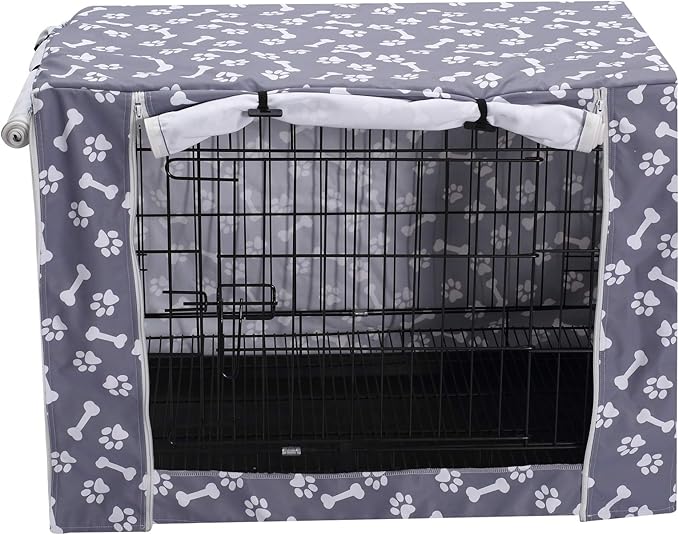 Dog Crate Cover Kennel Dogs Covers fits Small Medium Large crates cage Heavy Nylon Waterproof soundproof Indoor Outdoor - Cover only - Grey Bone paw - 42 inch