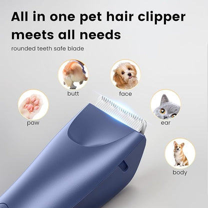 Quiet Dog Hair Clipper,Lightweight 6000RPM Powerful Quick Charged Hair Remover Waterproof Paw Hair Trimmer Kits for Dogs and Cats Blue