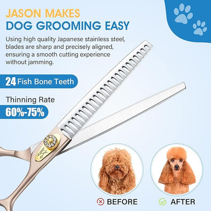 JASON 7.5" Dog Grooming Scissors - Professional Chunker Thinning Shear with with 24 Fishbone Teeth Japanese 440C Stainless Steel Hair Scissor with Diamond Screw for Dogs, Cats and Other Pets