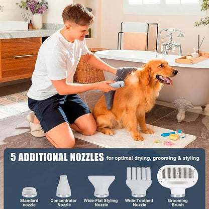 Ownpets 5 in1 Portable Smart Pet Grooming Hair Dryer for Dogs, Smart Temperature Control, Low Noise Dog Blow Dryer with Grooming Brush for Home, Pet Washing Station