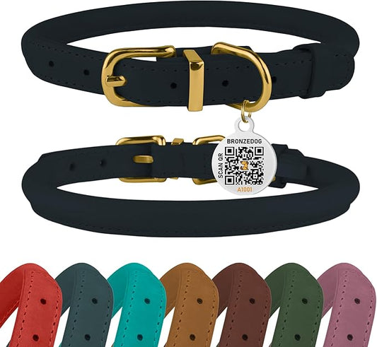 BRONZEDOG Rolled Leather Dog Collar with QR ID Tag Adjustable Soft Round Collars for Small Medium Large Dogs Puppy Cat (Dark Blue, 16" - 19" Neck Size)