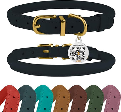 BRONZEDOG Rolled Leather Dog Collar with QR ID Tag Adjustable Soft Round Collars for Small Medium Large Dogs Puppy Cat (11" - 14 1/2" Neck Size, Dark Blue)