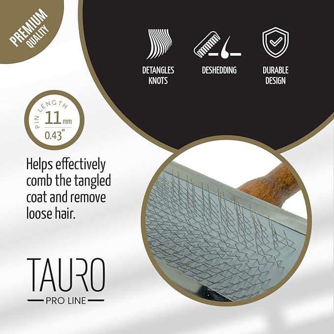 TAURO PRO LINE Wooden Dog Brush for Shedding Long and Short Hair, Wooden Soft Slicker for Grooming Haired Dogs and Cats, Metal Teeth And Sleek Design, 5,11 x 2.36 inch, S, Brown