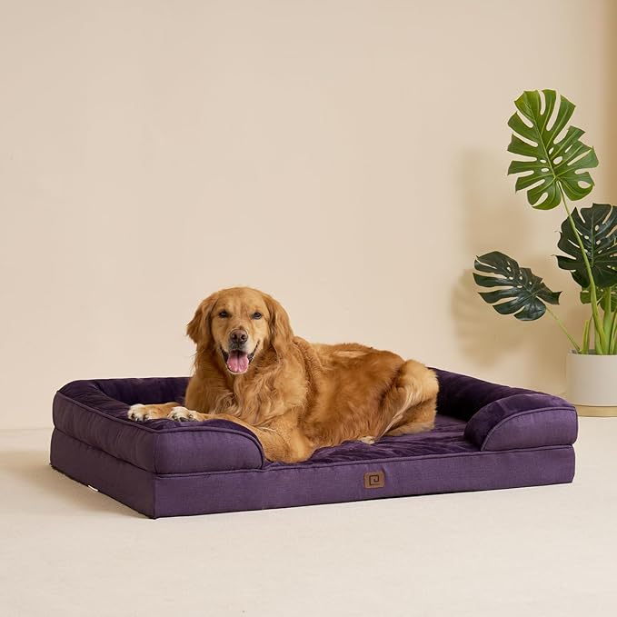 EHEYCIGA Orthopedic Dog Beds for Extra Large Dogs, Waterproof Memory Foam XL Dog Bed with Sides, Non-Slip Bottom and Egg-Crate Foam Big Dog Couch Bed with Washable Removable Cover, Purple