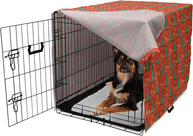 Lunarable Christmas Dog Crate Cover, Baubles Jingle Bells Pine Trees Motifs Colorful Composition Print, Easy to Use Pet Kennel Cover for Medium Large Dogs, 36 Inch, Vermilion Multicolor