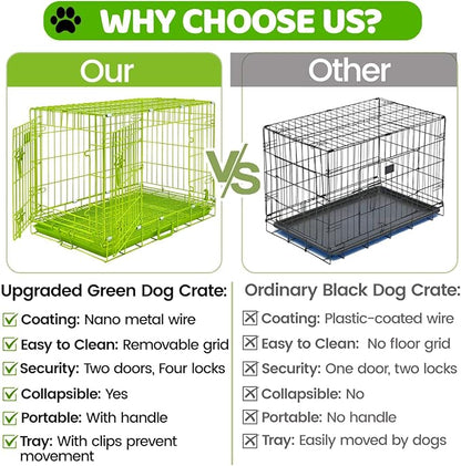 HOMEY PET 30 Inch Dog Kennel Indoor, Green Dog Cage for Small Dogs Foldable Dog Crates for Medium Dogs Nano-Coated Metal Wire Dog Crate with Removable Floor Grid Tray, Double Doors, Handle for Travel