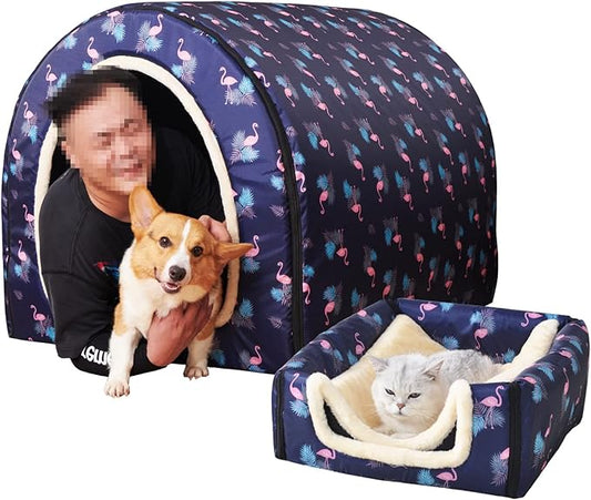 Dog Bed,2 Ways to Use,Indoor Pet House with Fluffy Mat,Removable and Washable Cover,Splash-Proof House and Non-Slip Bottom,for Large Dogs(2XL Flamingo)