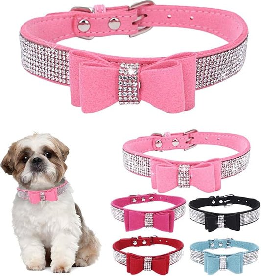 Diamond Large Dog Collar Bow, Rhinestone Dog Collar with Bow tie, Female Cat Collars Crystal Jeweled Bling Sparkling Glitter for Small Medium Large Dogs,Pink,XXL