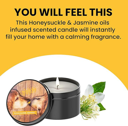 Scented Candle in Tin - Handcrafted Aromatherapy Candle for Pets - Pet-Friendly and No Harsh Chemicals Soy Candle - Burns up to 60 Hours - Honeysuckle Jasmine