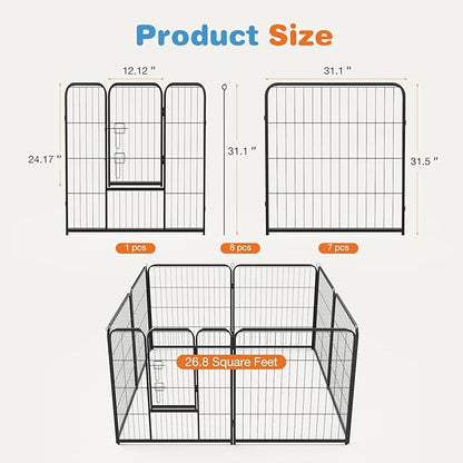 Sweetcrispy Dog Playpen Indoor - Puppy Fence Exercise Pen for Yard Gate 8 Panel 32” Height Playpens with Doors Heavy Duty Metal Dog Pen for Camping, RV, Outdoor, Small/Medium/Large Pets