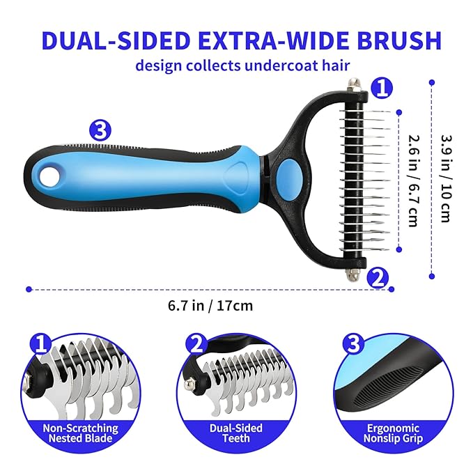 TAN.G Pet Deshedding Brush，2 Sided Undercoat Rake for Dogs & Cats，Dog Grooming Rakes Tools for Mats & Tangles Removing，Effectively Reduces Shedding by up to 95% for Short Medium and Long Pet Hair