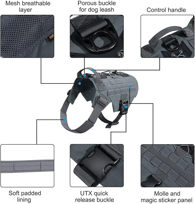 EXCELLENT ELITE SPANKER Dog Harness Tactical Military Dog Harness Adjustable No-Pull Dog Harness Training Hunting Dog Tactical Vest with Handle(Gry-M)