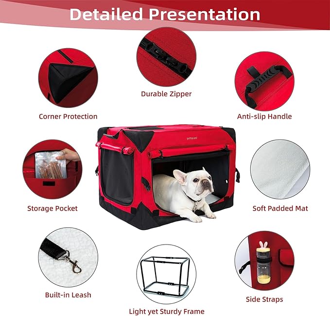 Pettycare 42 Inch Collapsible Dog Crate with Curtains Travel Dog Crate for Airflow and Calm Soft Pet Kennel with Portable Bag and More Chew Proof Mesh Indoor & Outdoor Red 4 Door Curtains
