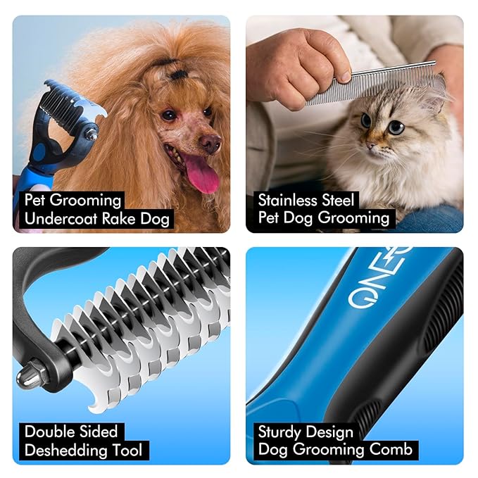 OneCut Pet Grooming Brush and Metal Comb Combo, Pet Grooming Rake and Brushes for Small, Medium & Large Dogs Double Sided Deshedding Tool Removes Knots and Tangled Hair (Red)