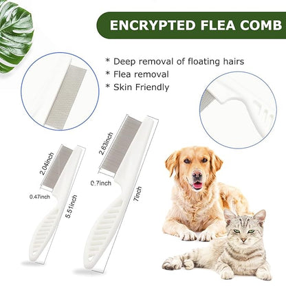 Pet Grooming Brush Kit for Cat and Dog, Hair Massage Cleaner with Release Button, 2 Flea Combs for Shedding Removing Tangles Loose Fur Self Cleaning Accessories (4 Pieces Set)
