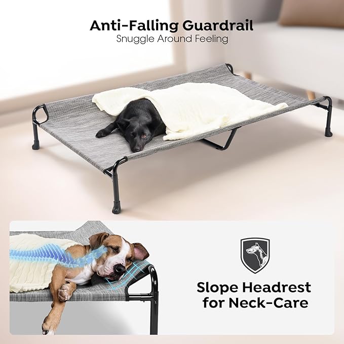 Veehoo Cooling Elevated Dog Bed, Raised Dog Beds for Large Dogs, Outdoor Dog Bed with Guardrail, Upgraded Non-Slip Feet, Breathable Teslin Mesh, Portable Camping Dog Cot, 53 x 33 Inches, Black Silver