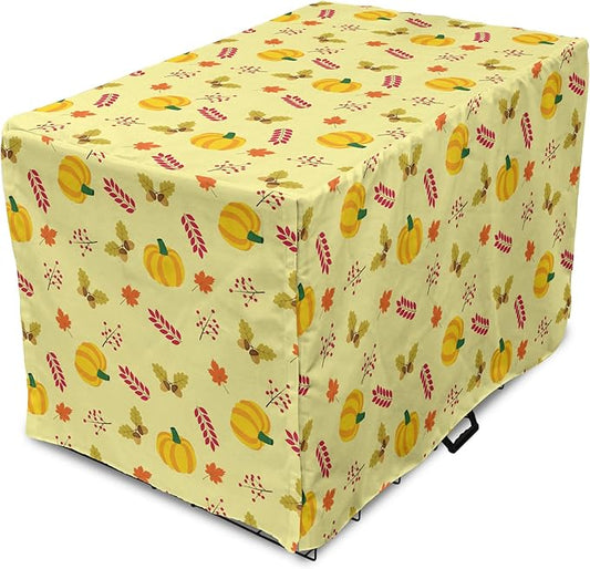 Lunarable Autumn Pumpkin Dog Crate Cover, Seasonal Image with Fall Botanical Elements Leaves and Acorns, Easy to Use Pet Kennel Cover for Medium Large Dogs, 48 Inch, Pastel Yellow Multicolor
