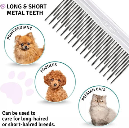 Poodle Pet Detangling Pet Comb with Long & Short Stainless Steel Teeth for Removing Matted Fur, Knots & Tangles – Detangler Tool Accessories for Safe & Gentle DIY Dog & Cat Grooming