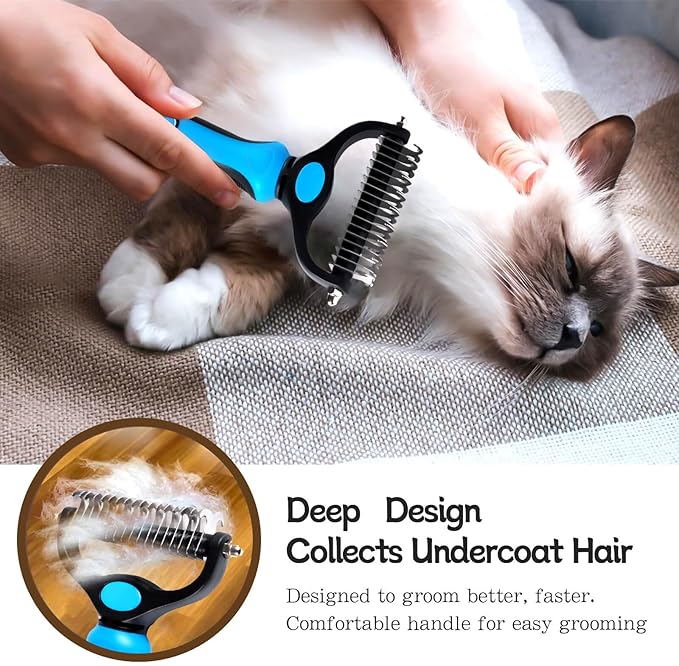 Pet Grooming Brush and Metal Comb Double Sided Long Hair Pet Undercoat Cleaner Knotting Comb for Cats and Dogs Removes Mats and Lint Effectively Removes Shedding or Flyaway Hair (Blue)