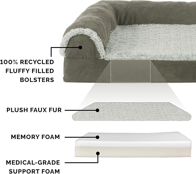 Furhaven Memory Foam Dog Bed for Large Dogs w/ Removable Bolsters & Washable Cover, For Dogs Up to 95 lbs - Two-Tone Plush Faux Fur & Suede L Shaped Chaise - Dark Sage, Jumbo/XL