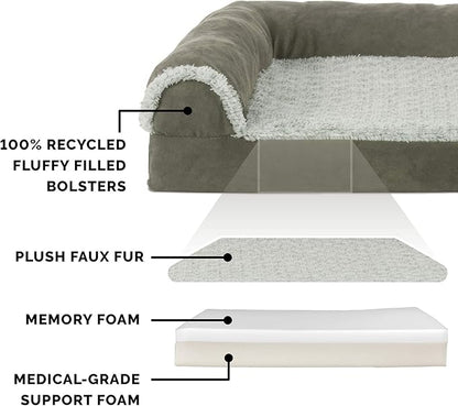 Furhaven Memory Foam Dog Bed for Large Dogs w/ Removable Bolsters & Washable Cover, For Dogs Up to 95 lbs - Two-Tone Plush Faux Fur & Suede L Shaped Chaise - Dark Sage, Jumbo/XL
