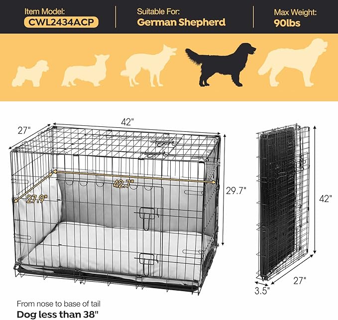 Veehoo 42 inch Dog Crates for Large Dogs with Bumper-Three Doors Folding Metal Wire Dog Crate Cage, Indoor Outdoor Large Dog Crate with Plastic Leak-Proof Tray-Portable Pet Kennel Kit